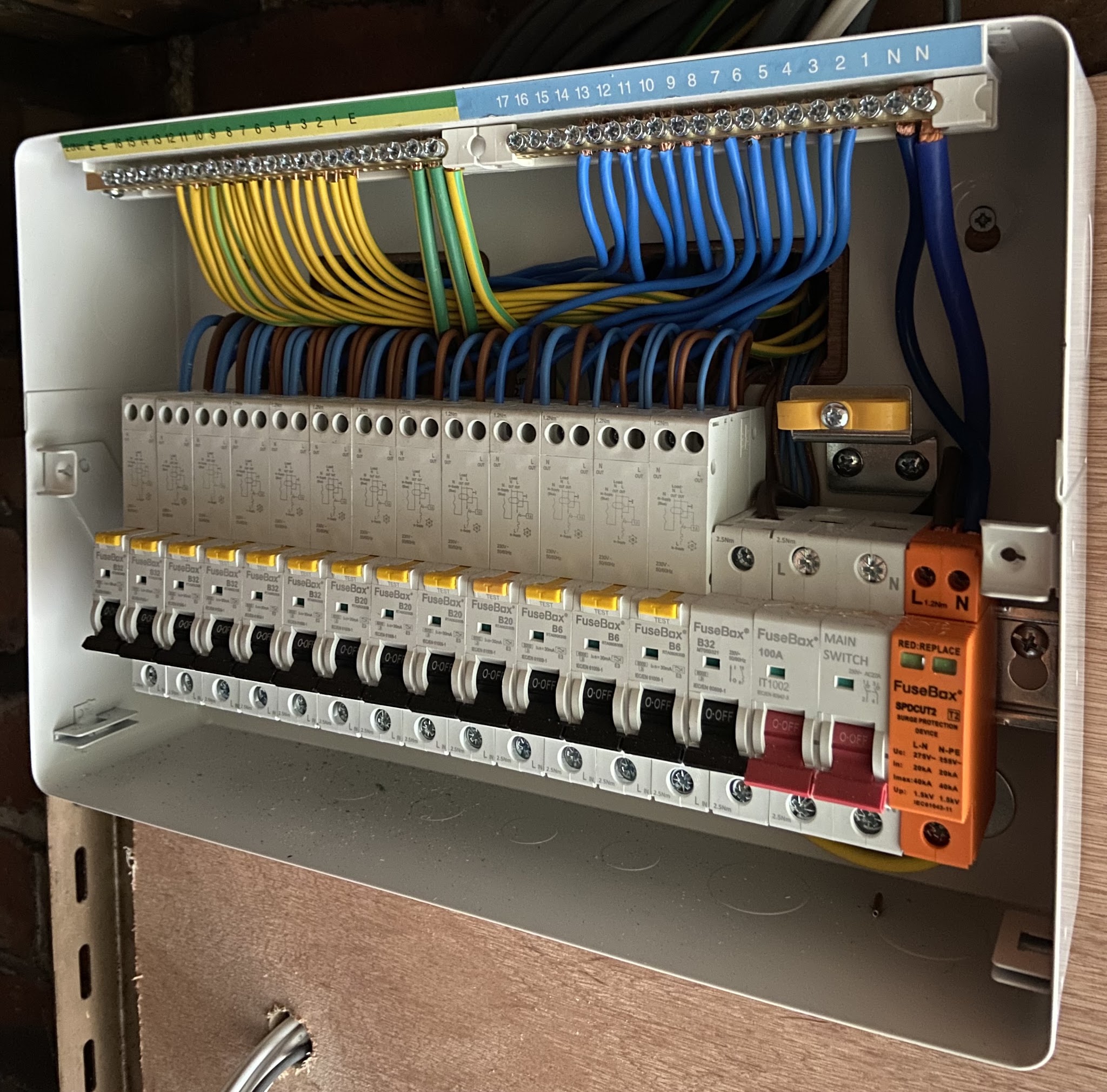 New FuseBox RCBO board with a surge protection device and neatly dressed cables